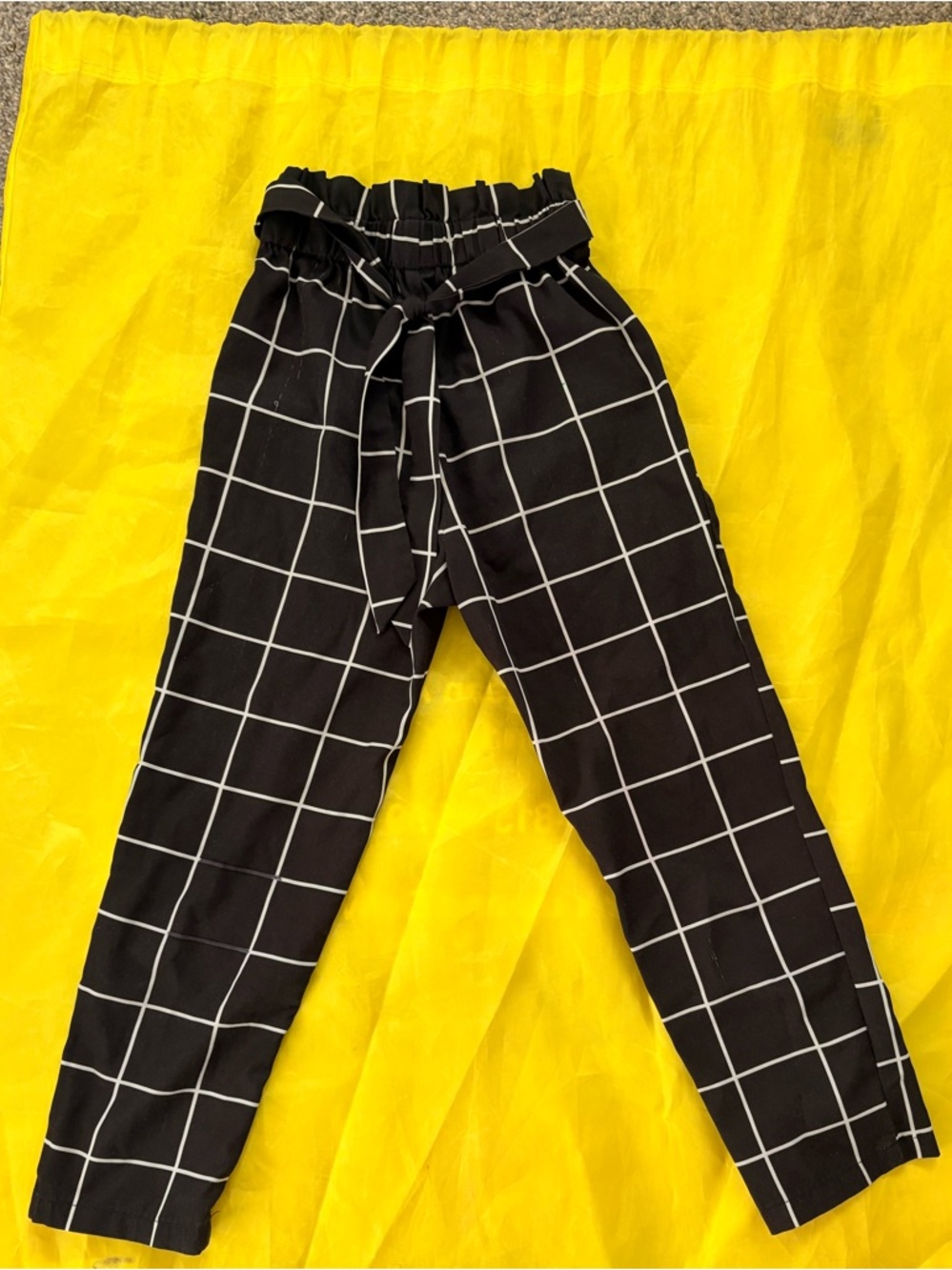 Black Windowpane Paperbag Waist Pants